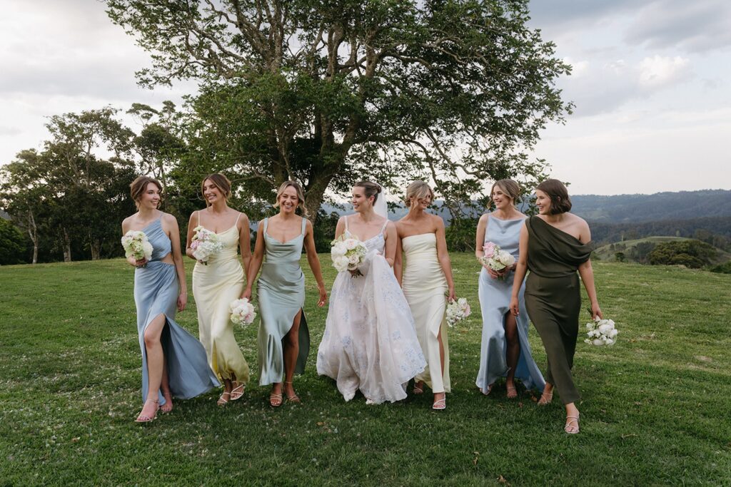 Bridal party on the lawn at Maleny Country Estate wedding, Sunshine Coast Hinterland